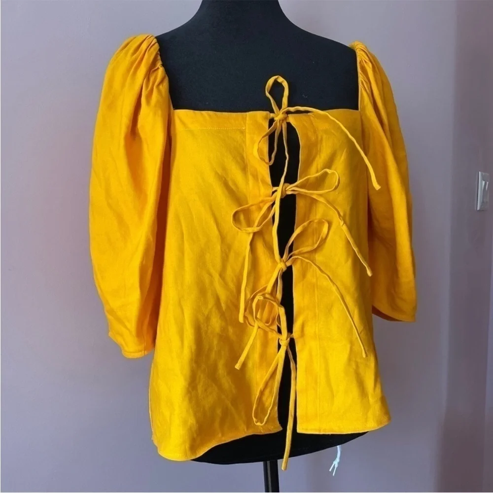 Cult Gaia- Orange Open Aurel Stretch Linen Front-Tie Puff-Sleeve Top Size Small